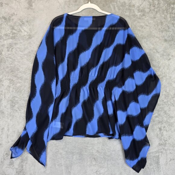 Michael Michael Kors Blouse Womens S/M Blue Black Print Smocked Waist Dolman - Picture 9 of 9